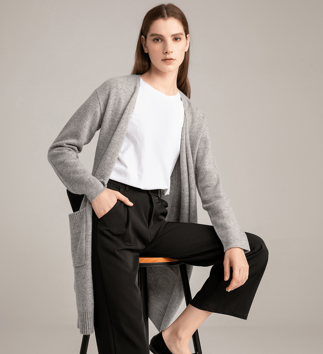 Alaster Queen Women's Light Gray Open Front Cardigan - High-Low Hem, Long Sleeve Knit With Pockets (Size XXL)